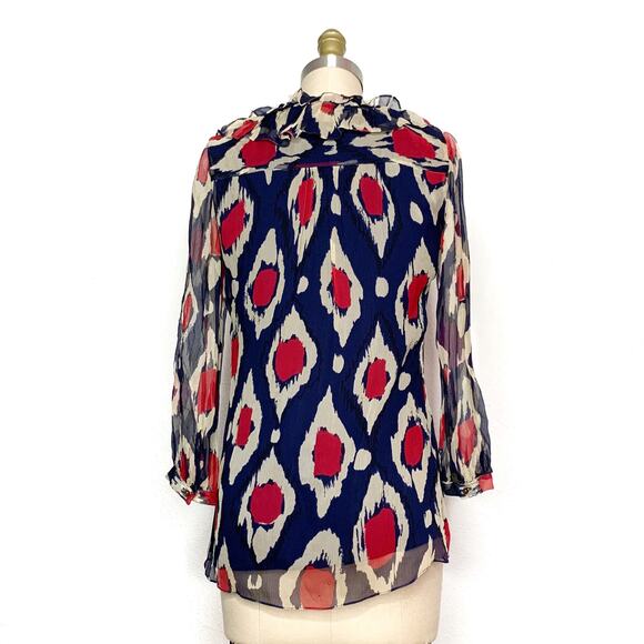DVF Diane Von Furstenberg Candela Bis Silk Ikat Print Ruffle Blouse sz 0 - Picture 5 of 11
